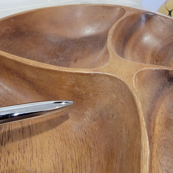Vintage Wooden Swivel Serving Dish Divided Plate Carved Lazy Susan Mid-Century - Picture 9 of 15